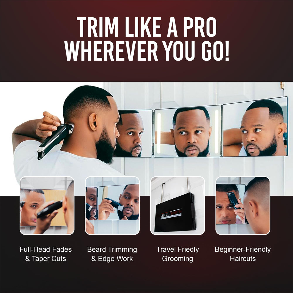 Self-Cut System 3 Way Mirror folded compact for travel and compact spaces.