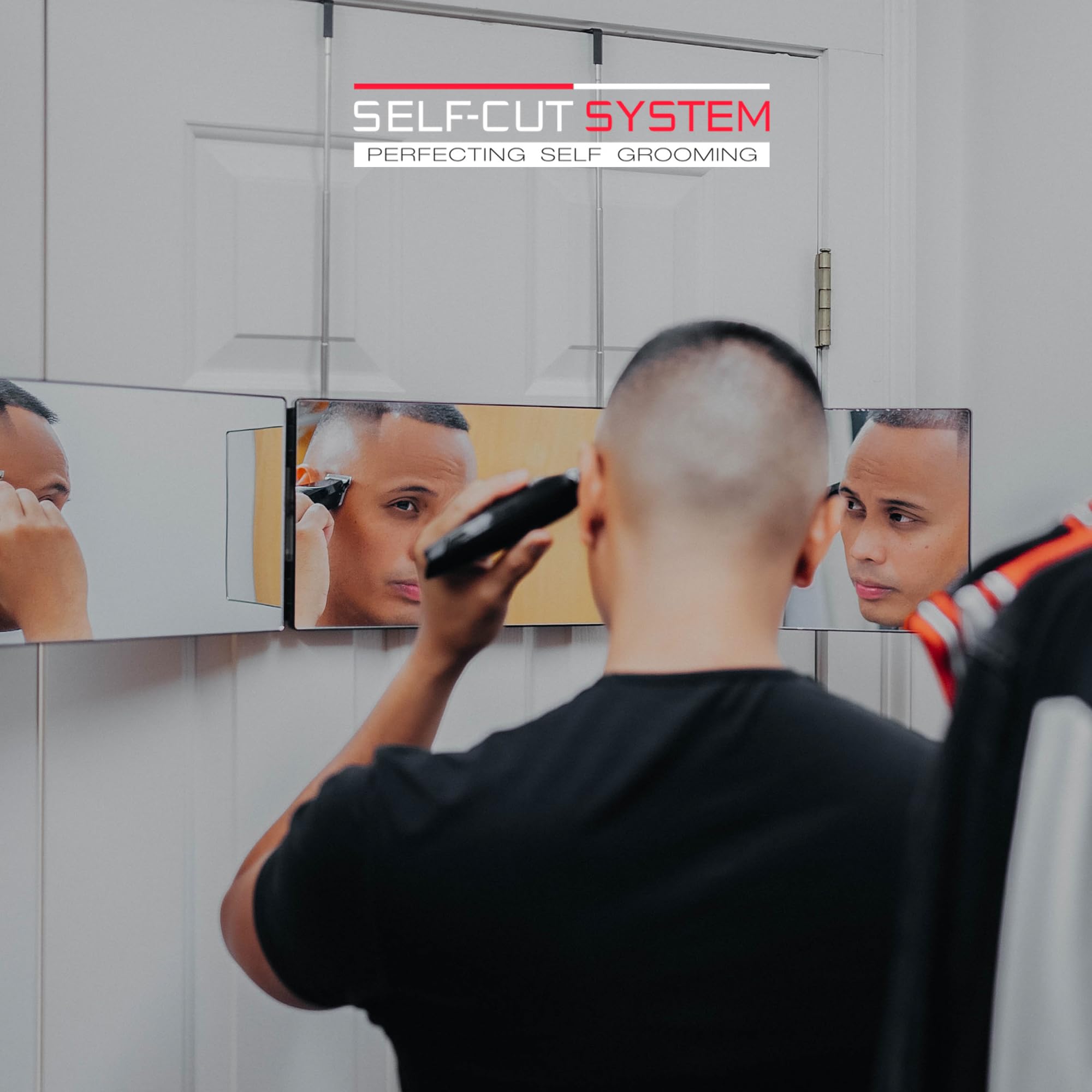 Self-Cut System 3 Way Mirror over-the-door mount enabling easy DIY haircuts.