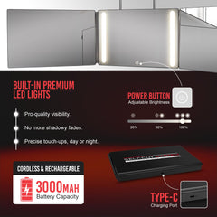 Self-Cut System 3 Way Mirror side view showing adjustable angles for versatile styling.