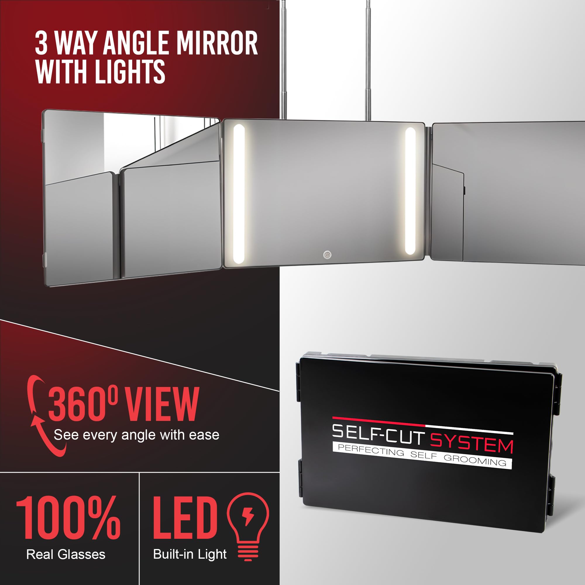 Self-Cut System 3 Way Mirror travel-ready design supports on-the-go fades and grooming.