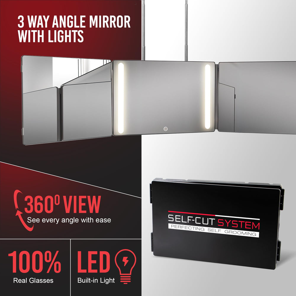 Self-Cut System 3 Way Mirror travel-ready design supports on-the-go fades and grooming.