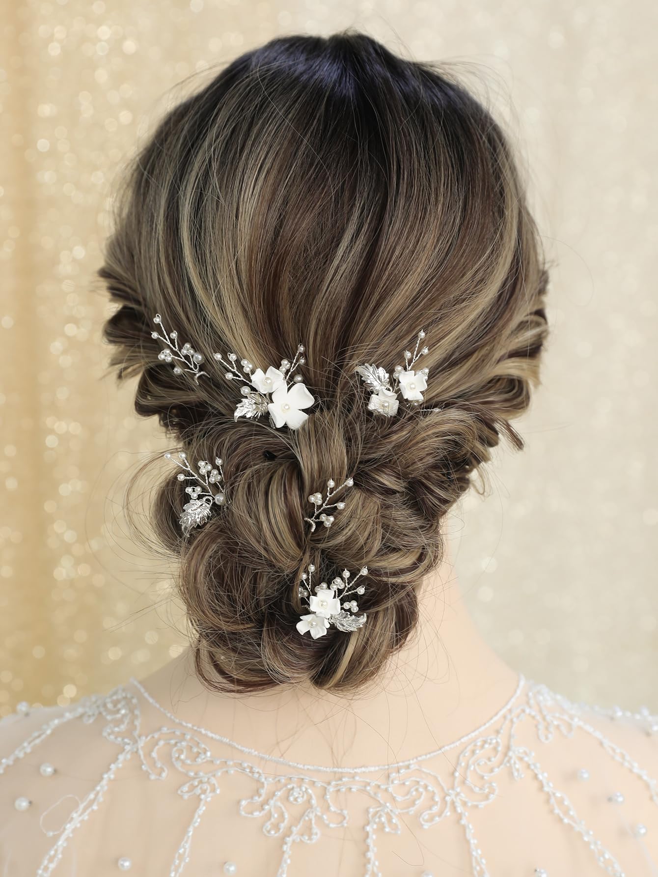 SELFCLOUD pearl hair pin with gold leaf accent adds romantic wedding charm.