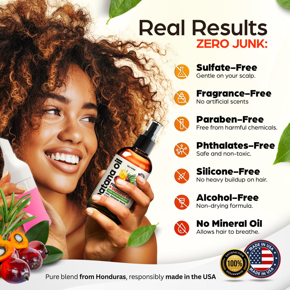SELFWISE Batana Oil application steps image showcases easy scalp massage and distribution.