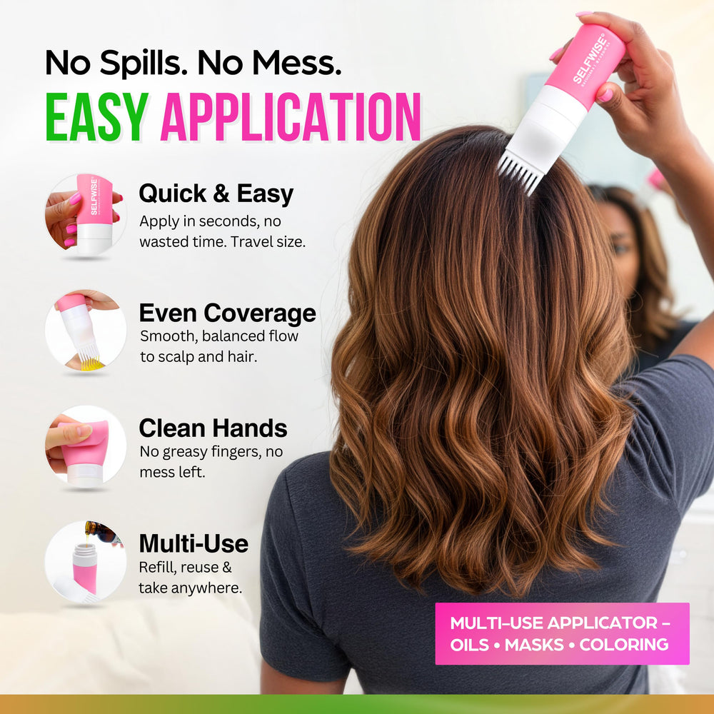 SELFWISE Batana Oil applying to hair strands shows smoother, softer hair with bounce.