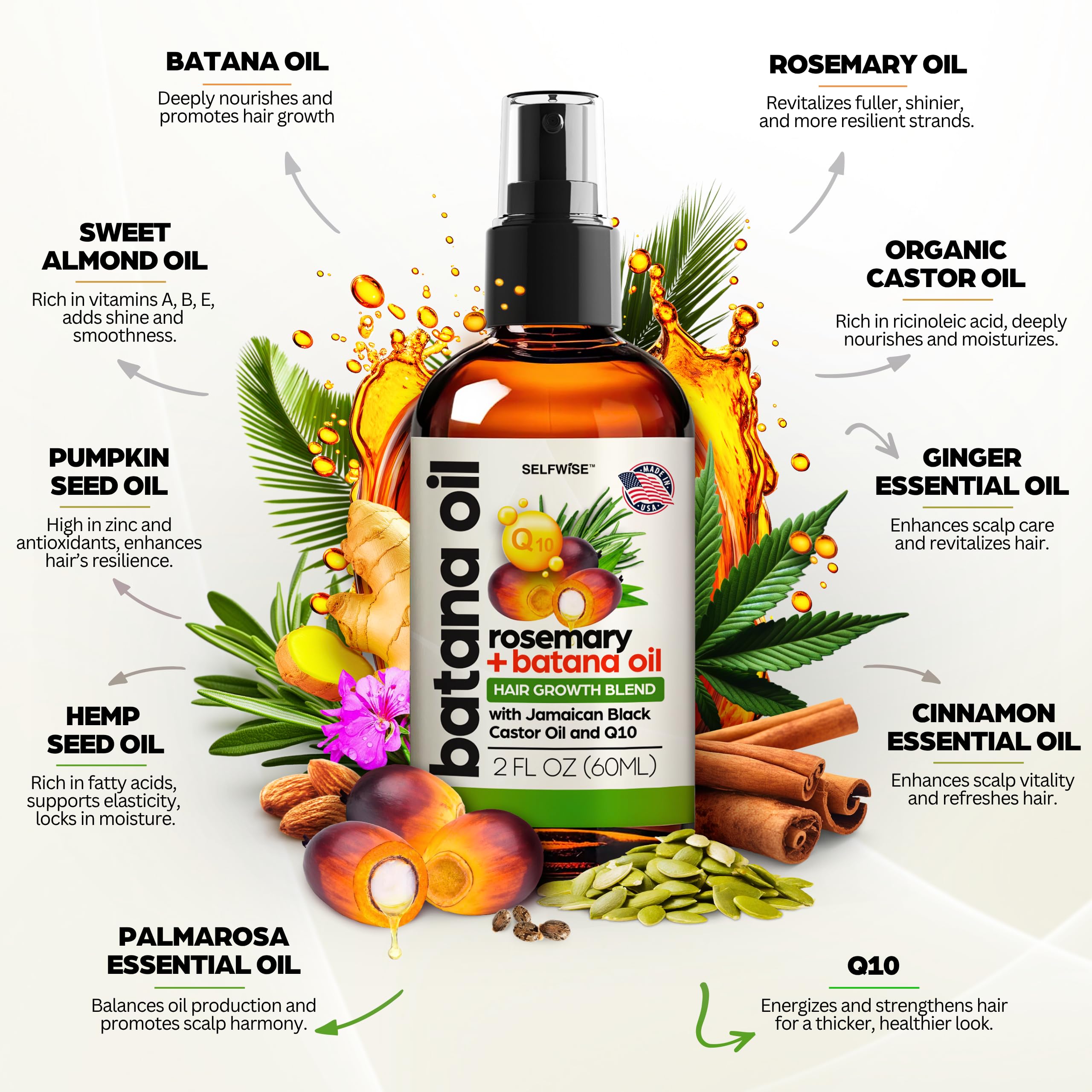 SELFWISE Batana Oil with rosemary and castor promotes scalp nourishment visuals.
