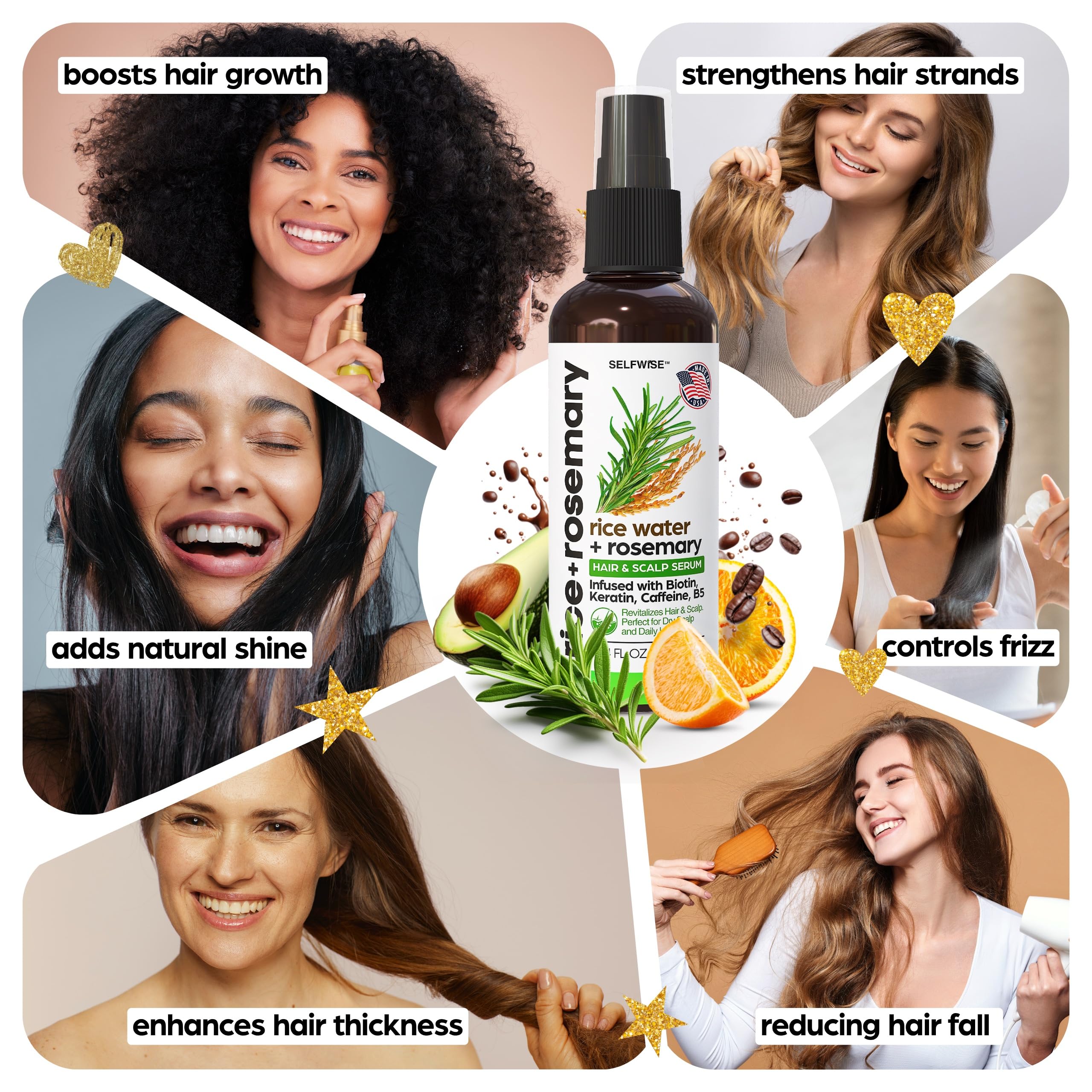SELFWISE Fermented Rice Water Spray close-up bottle highlighting strengthening benefits.