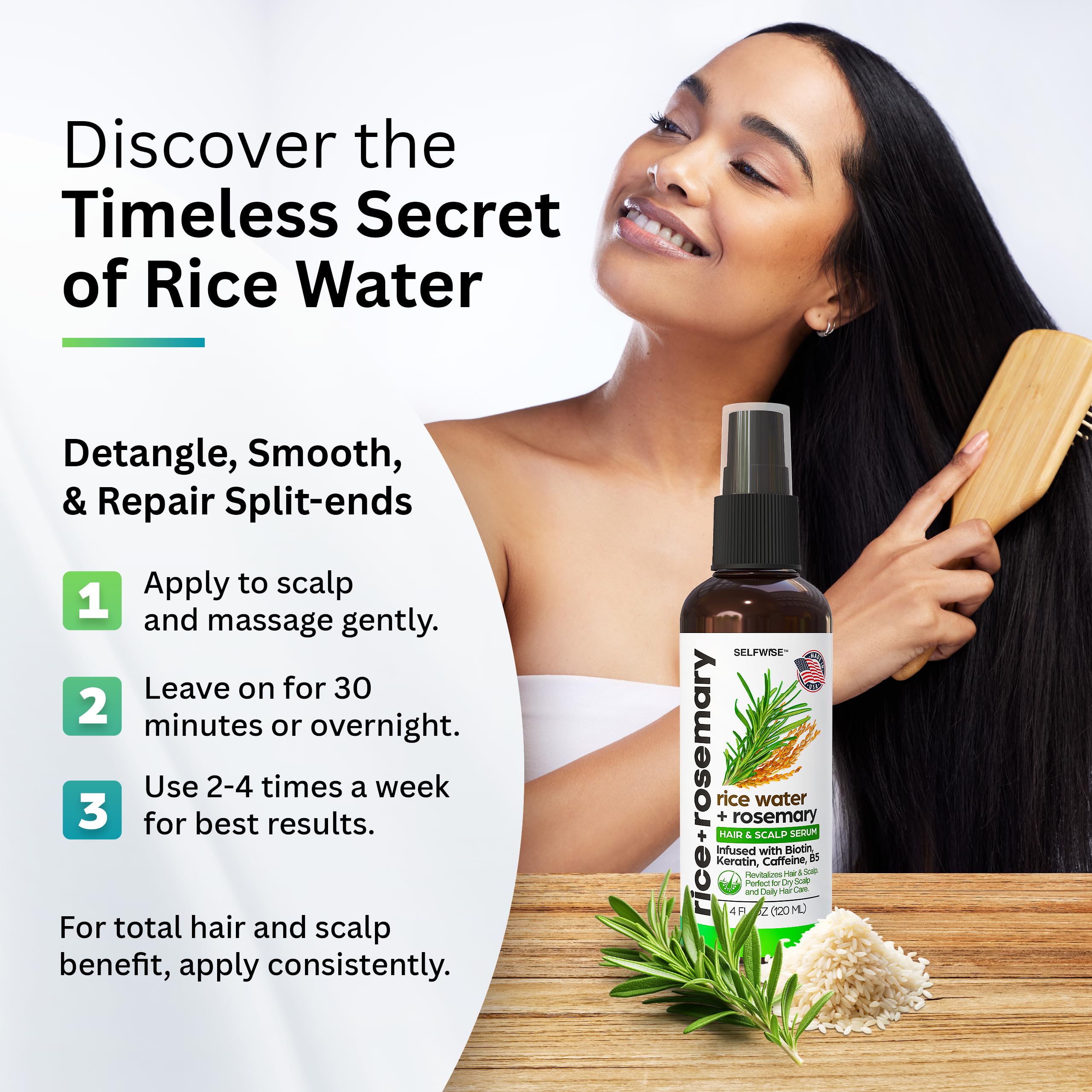 SELFWISE Rice Water Spray misting damp hair for lightweight leave-in care.