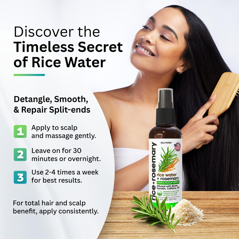 SELFWISE Rice Water Spray misting damp hair for lightweight leave-in care.