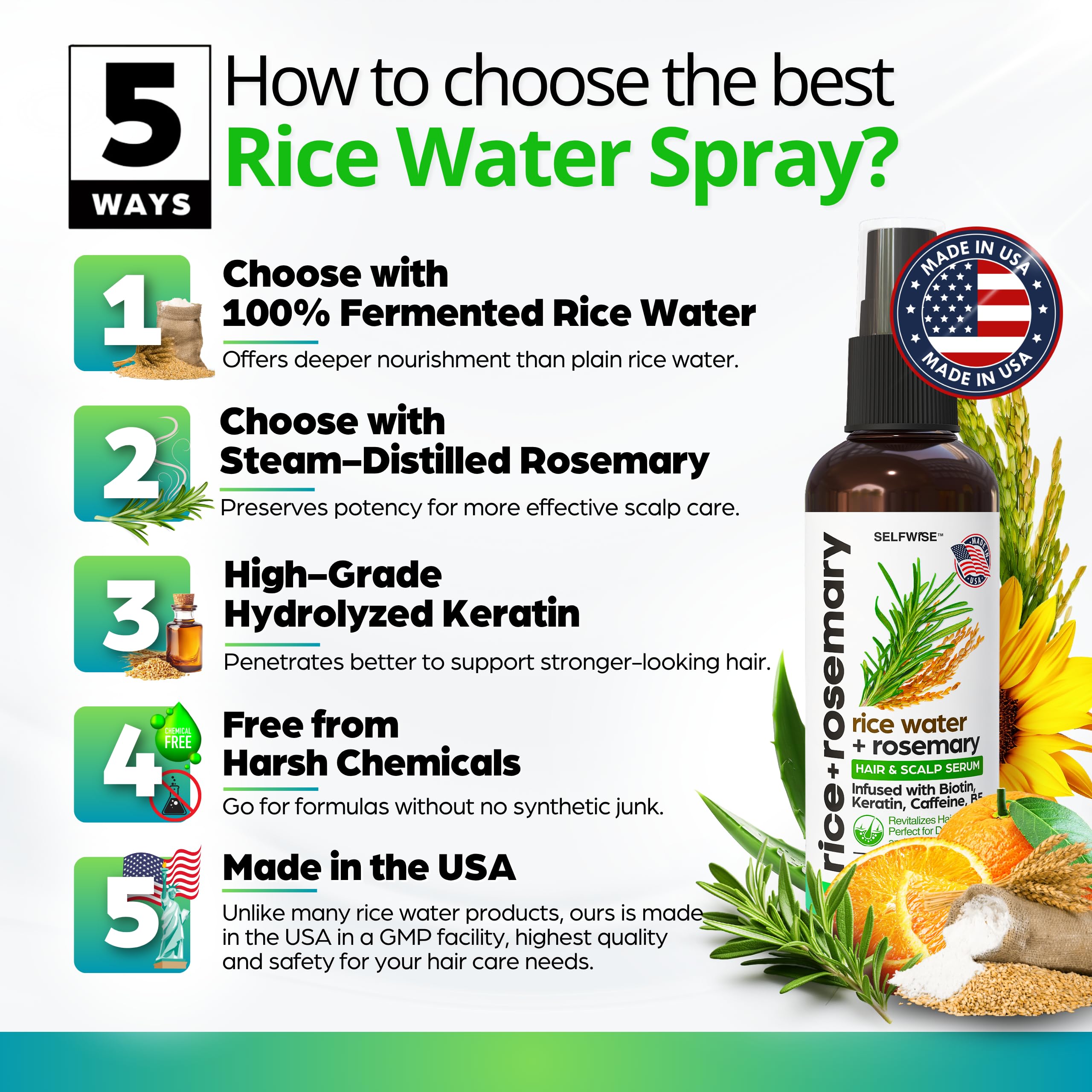 SELFWISE Fermented Rice Water Spray with rosemary plant highlights potent scalp refresh.