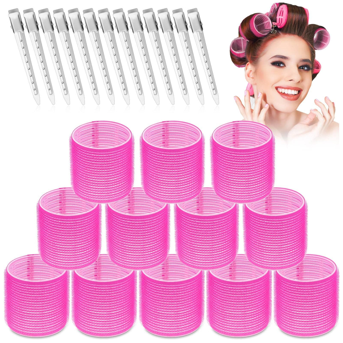 Selizo jumbo hair rollers set with hot pink color for big voluminous curls at home