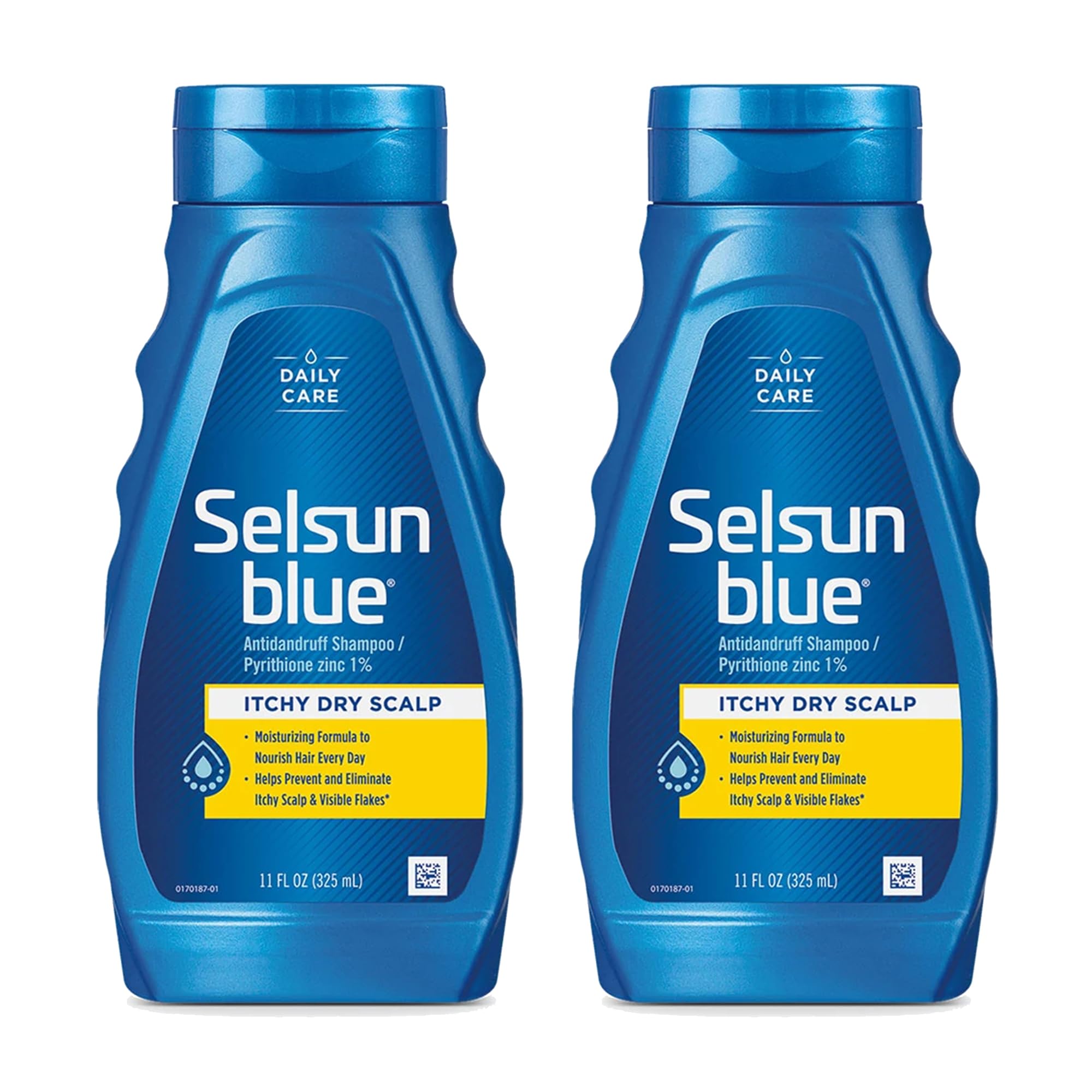 Selsun Blue anti-dandruff shampoo bottle front with extra-hydrating formula for itchy scalp relief