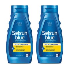 Selsun Blue anti-dandruff shampoo bottle front with extra-hydrating formula for itchy scalp relief