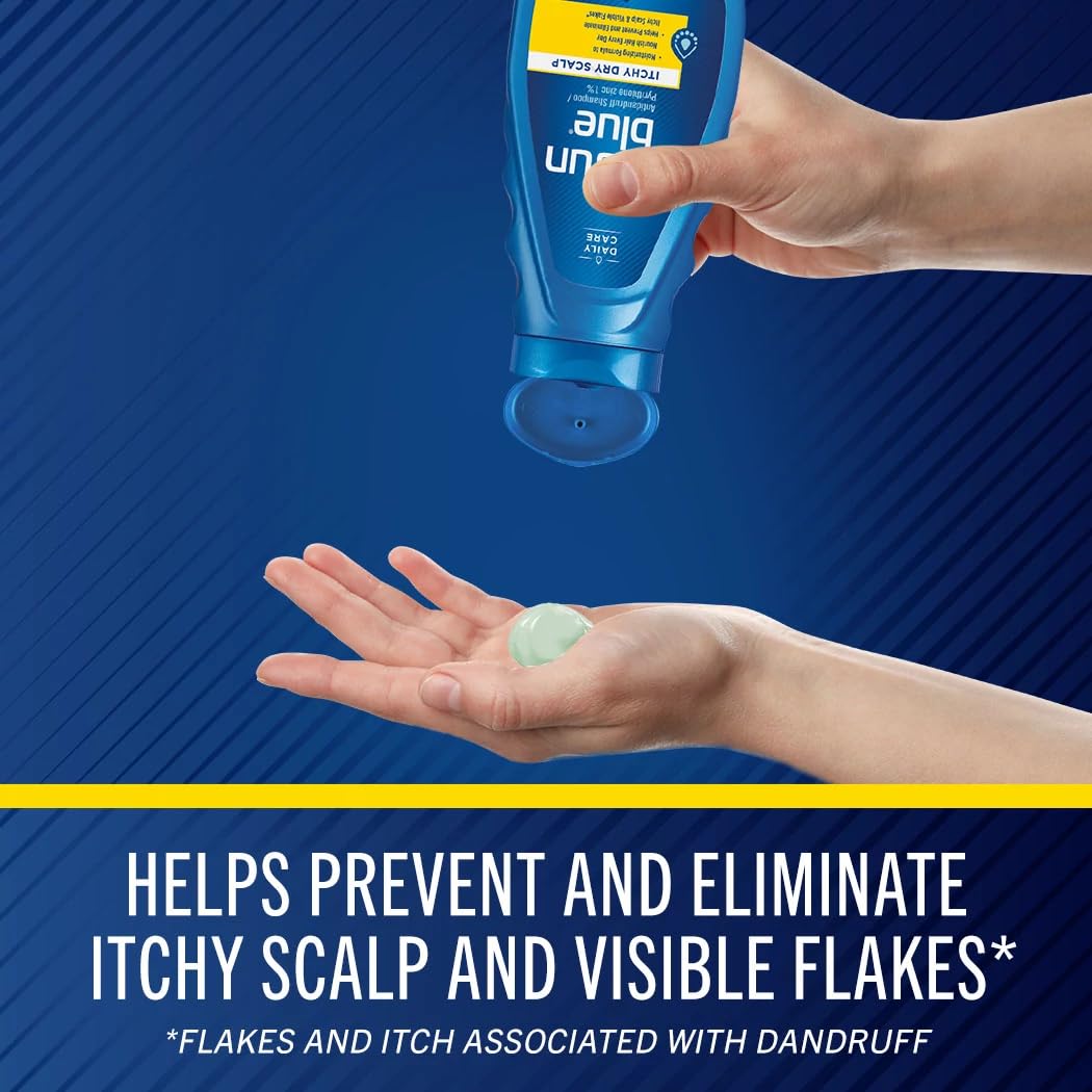 Selsun Blue in bathroom scene suggests daily-use routine for scalp comfort