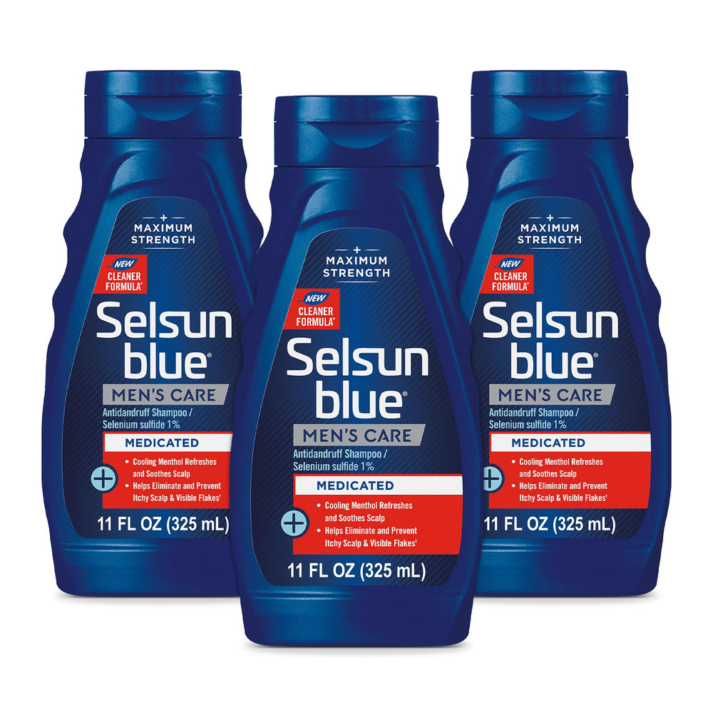 Selsun Blue medicated anti-dandruff shampoo bottle for targeted scalp control.