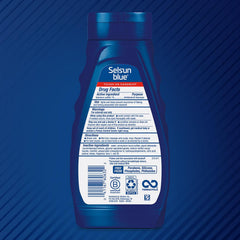 Selsun Blue label closeup showing 1% selenium sulfide for dandruff control.