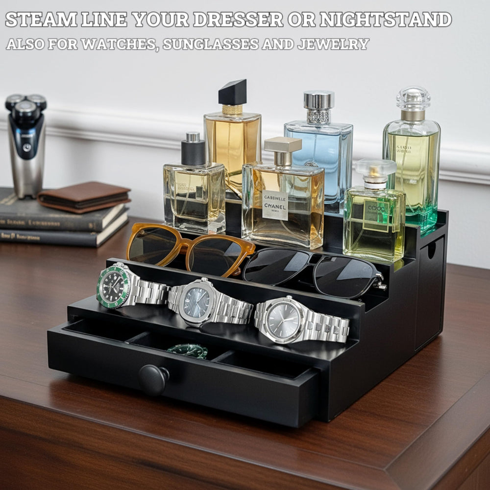 SeLuM four-tier capacity fits multiple cologne bottles for versatile styling.