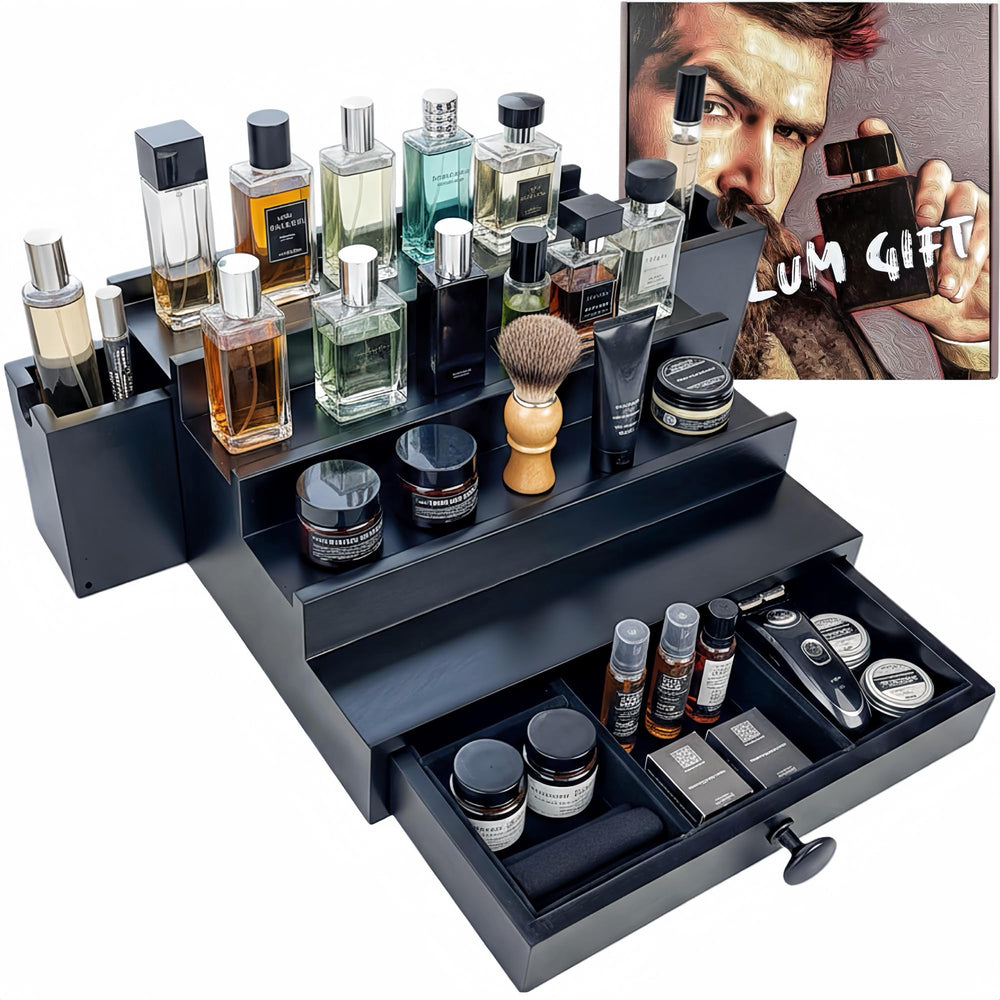 SeLuM wooden cologne organizer 4-tier black keeps fragrance collection neatly organized for quick access.