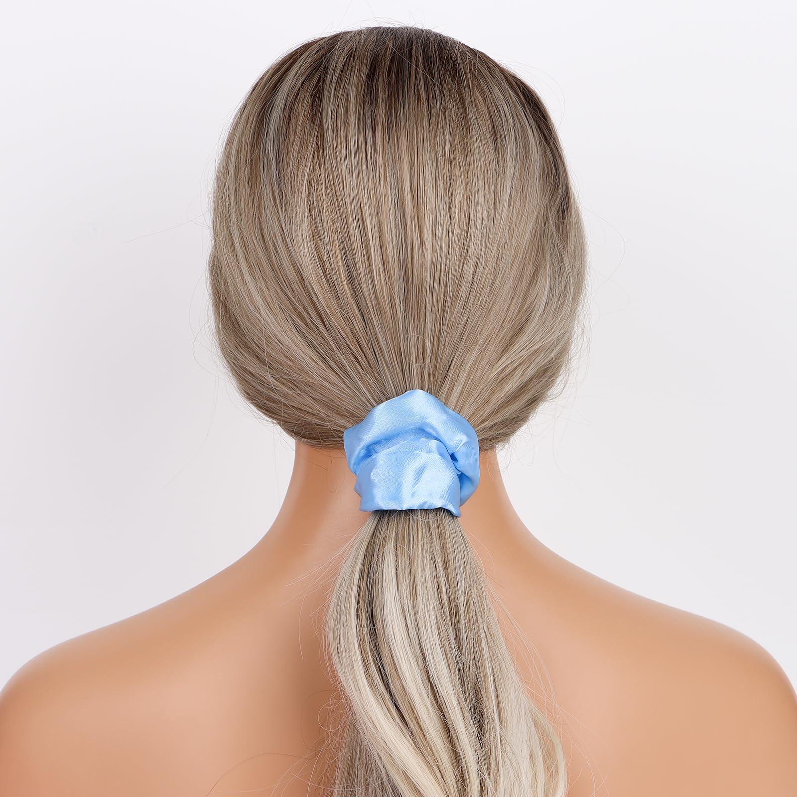Semato light blue satin scrunchies stay secure during workouts and sports.