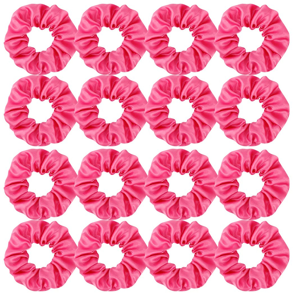 Semato satin scrunchies hot pink close-up, silky hair protection in use