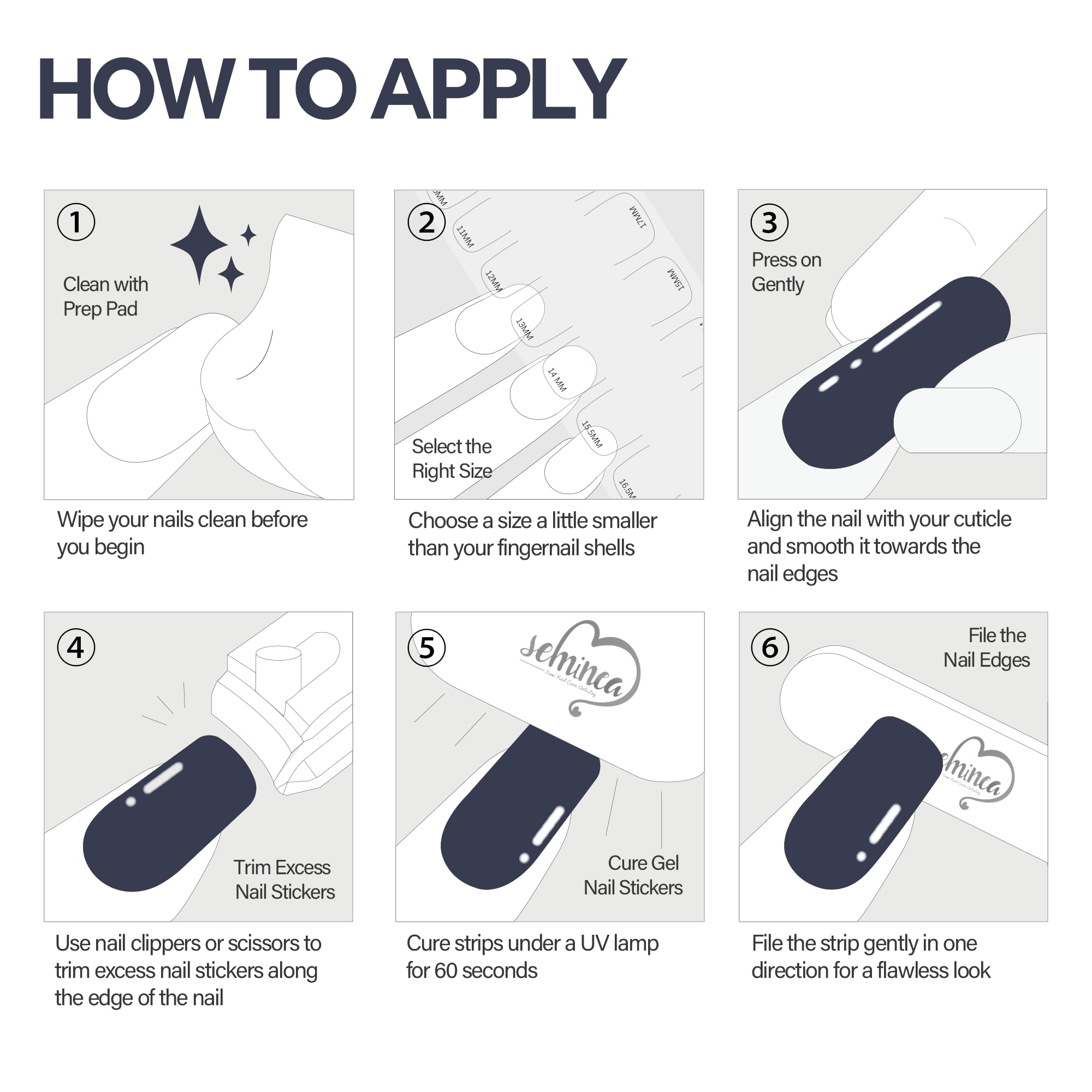 Seminca 18-sizes guide card ensures a precise fit.