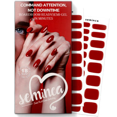 Seminca Semi Cured Gel Nail Strips on hand provide quick, glossy classic red manicure.