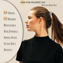 SEMRUE champagne-gold silk scrunchies wrapped, highlighting stylish, non-damaging hair styling.