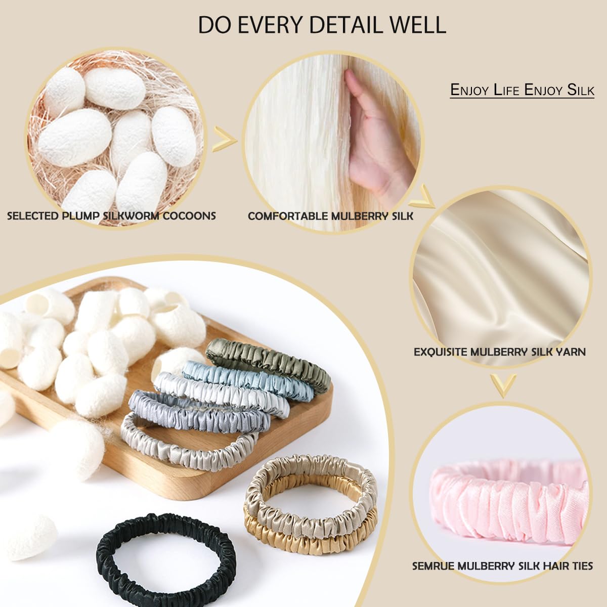 SEMRUE silk hair tie close-up highlights the smooth texture and luxury quality.