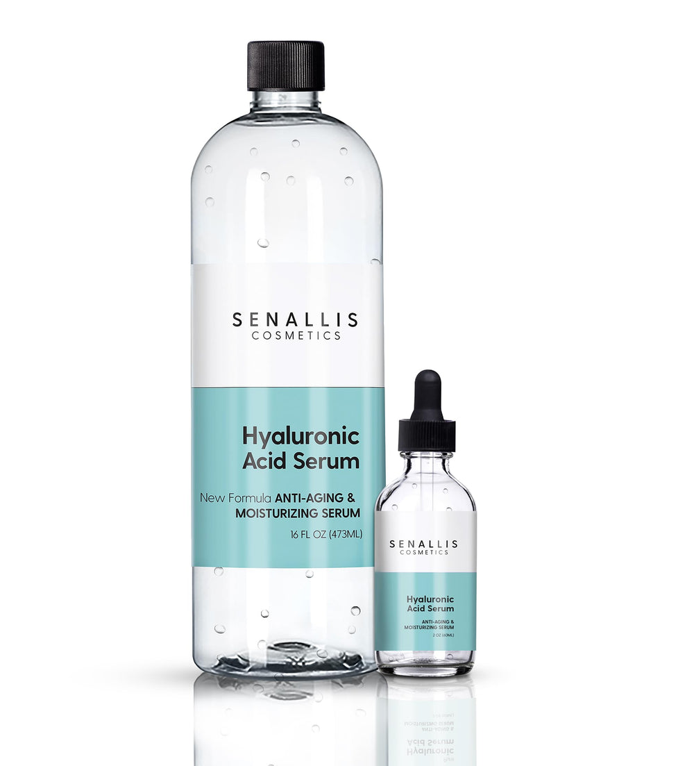 SenAllis Hyaluronic Acid Serum 16oz bottle provides lasting hydration for aging skin.