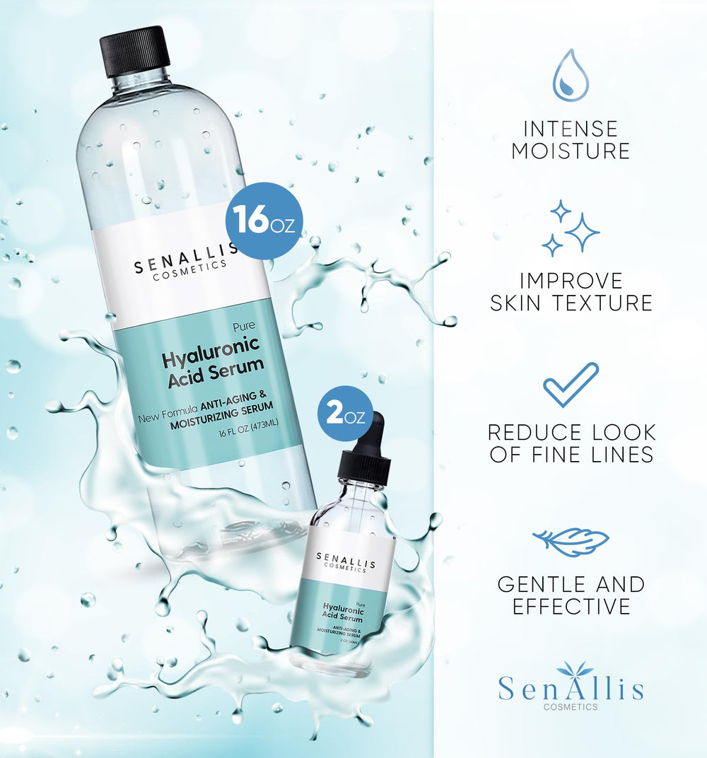 SenAllis Hyaluronic Acid Serum 2oz dropper bottle ideal for testing and travel hydration.