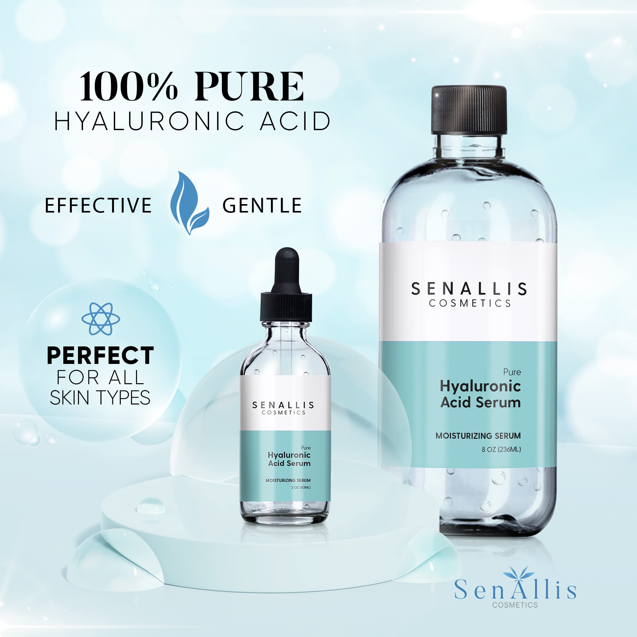SenAllis Hyaluronic Serum travel-size 2oz bottle ready for on-the-go hydration.