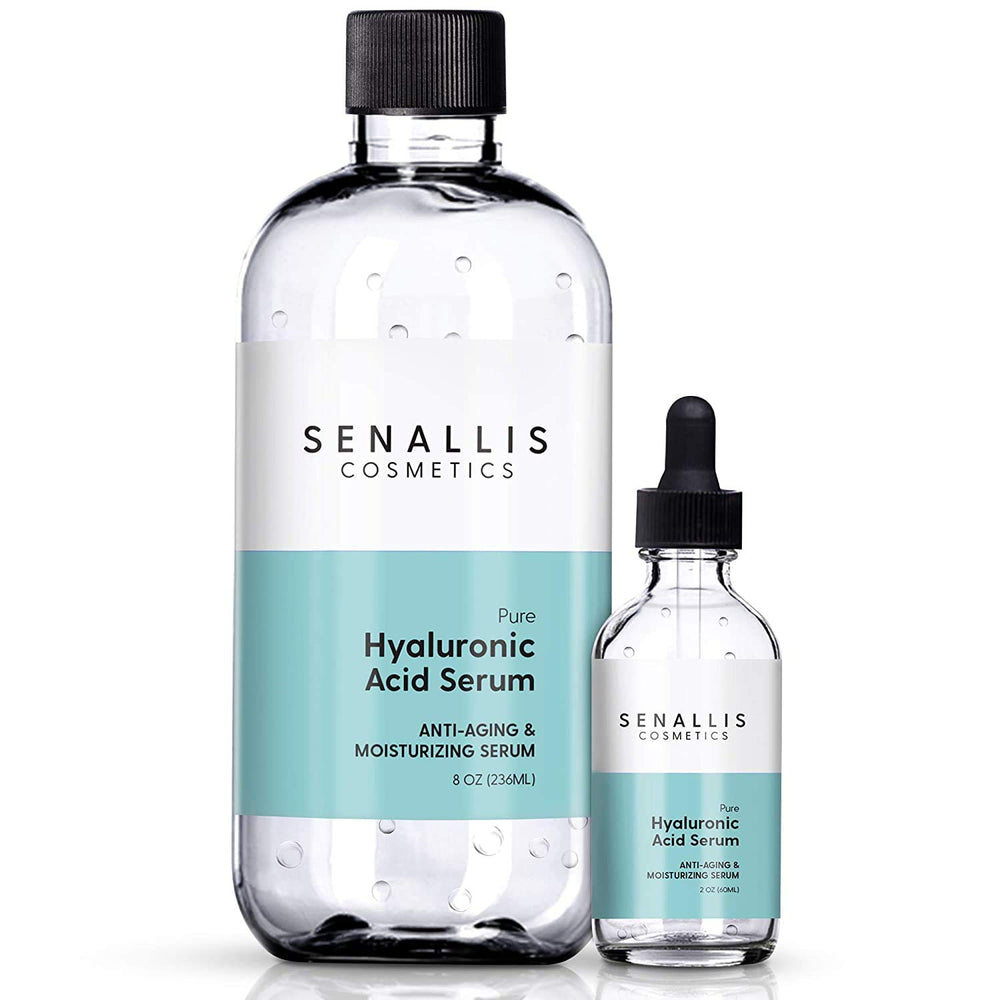 SenAllis Hyaluronic Acid Serum 8oz bottle shown, delivering ultra-hydration for daily skin care.