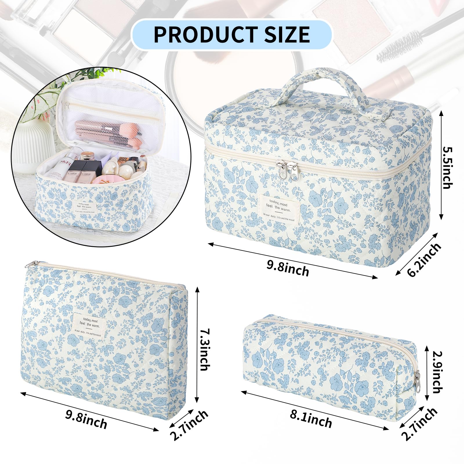 Senbowe floral makeup bag set medium dimensions highlighted for compact travel storage and easy access