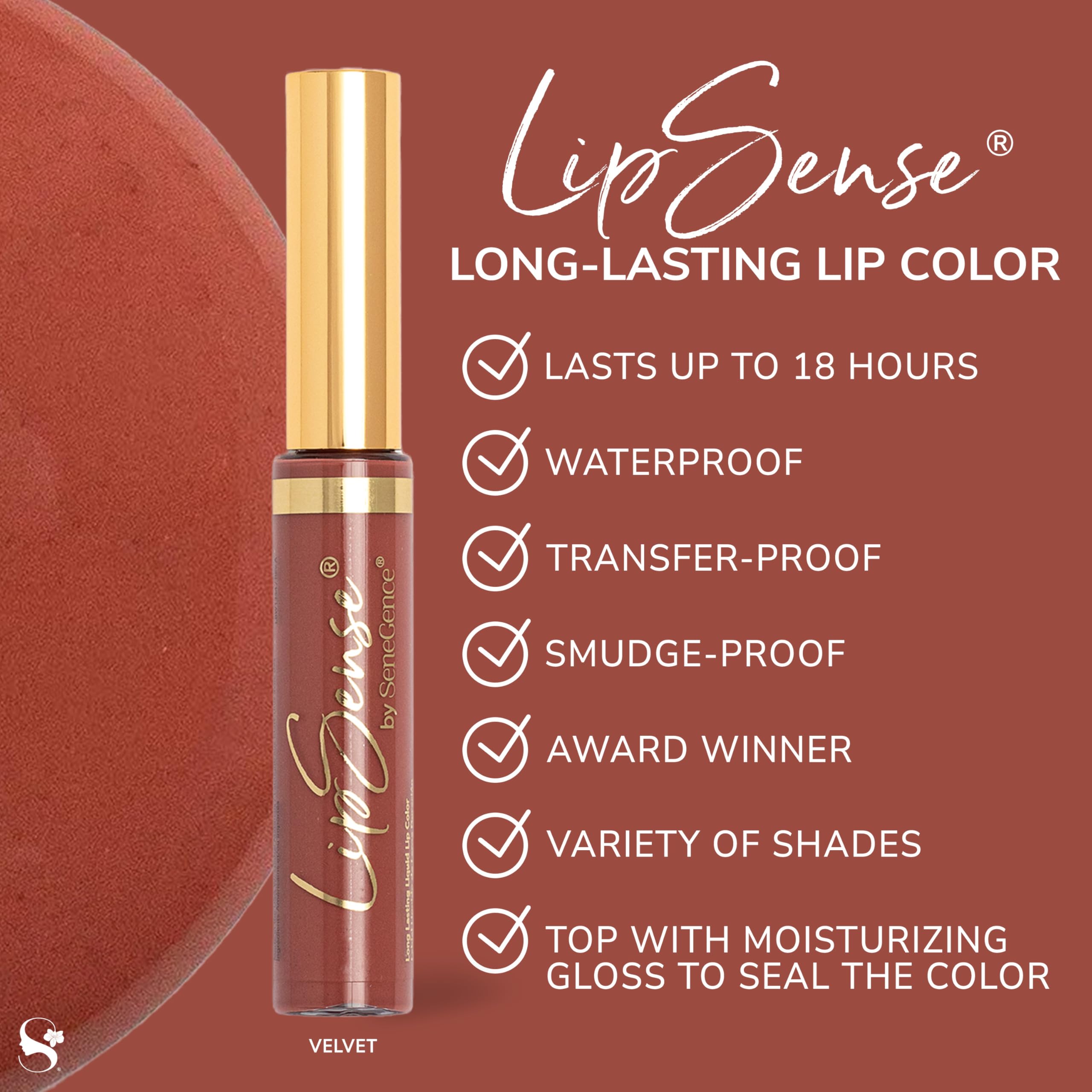SeneGence LipSense shade collection featuring matte, shimmer, frost finishes.