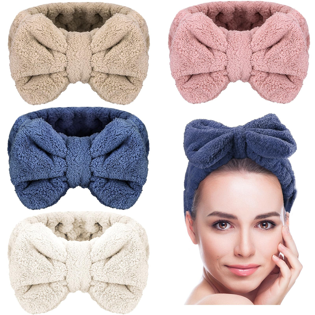 Senkary bow headband white pack close-up shows soft microfiber for gentle skincare.