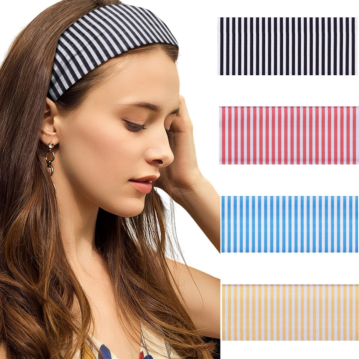 SENMAY striped wide headband close-up; soft, breathable fabric for comfort during workouts.