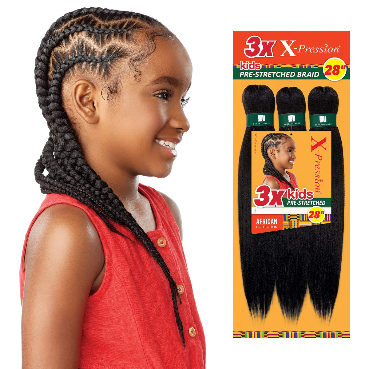Sensationnel X-Pression prestretched hair pack shot in MedBrown color, easy braid prep