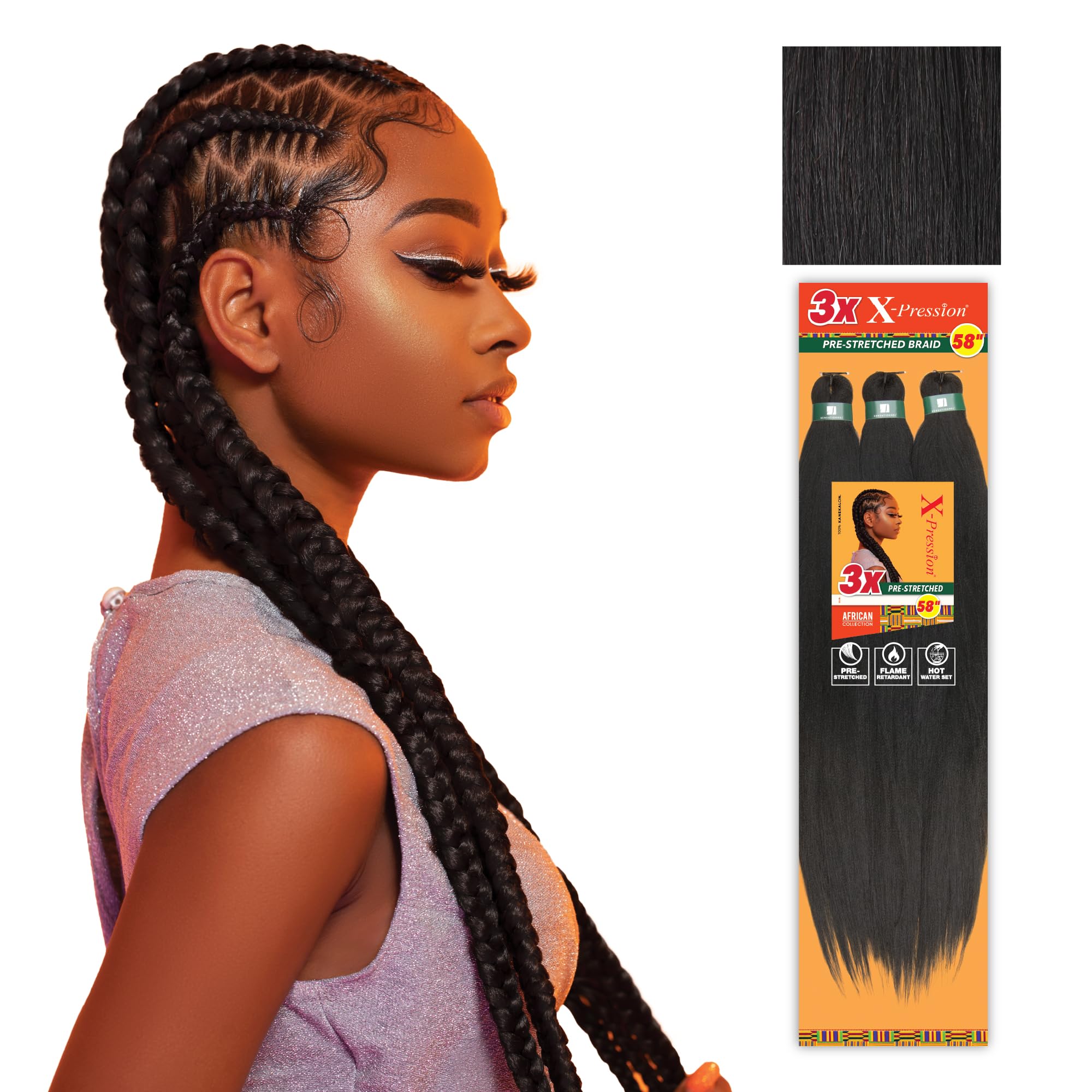 Sensationnel X-pression pre-stretched braid pack with 58-inch strands ideal for box braids.