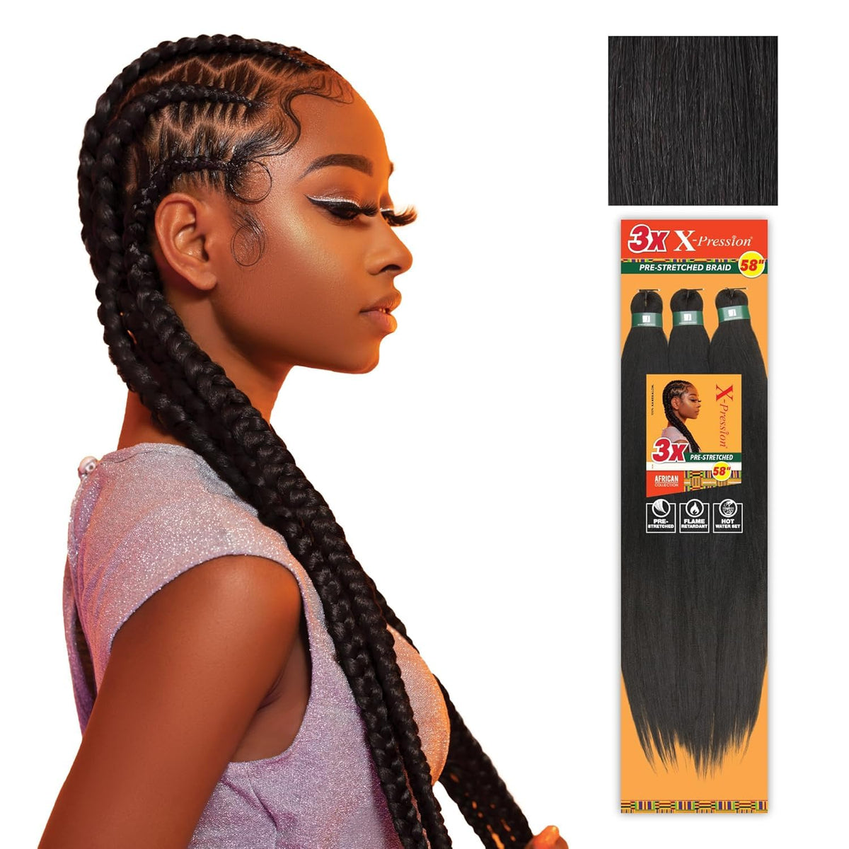 Sensationnel XPRESSION 3X pre-stretched braids 58in, glossy texture ideal for fast install.