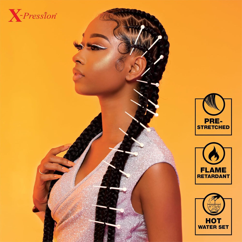 Sensationnel XPRESSION 3X pre-stretched braids 58in, heat-set capability for defined curls.
