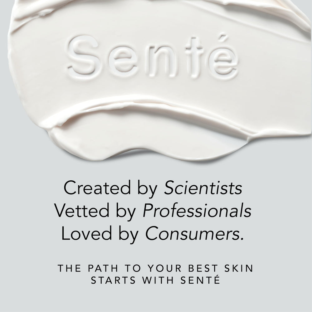 Senté Bio Complete Serum ingredient graphic highlights retinoid and hyaluronic components for hydration.
