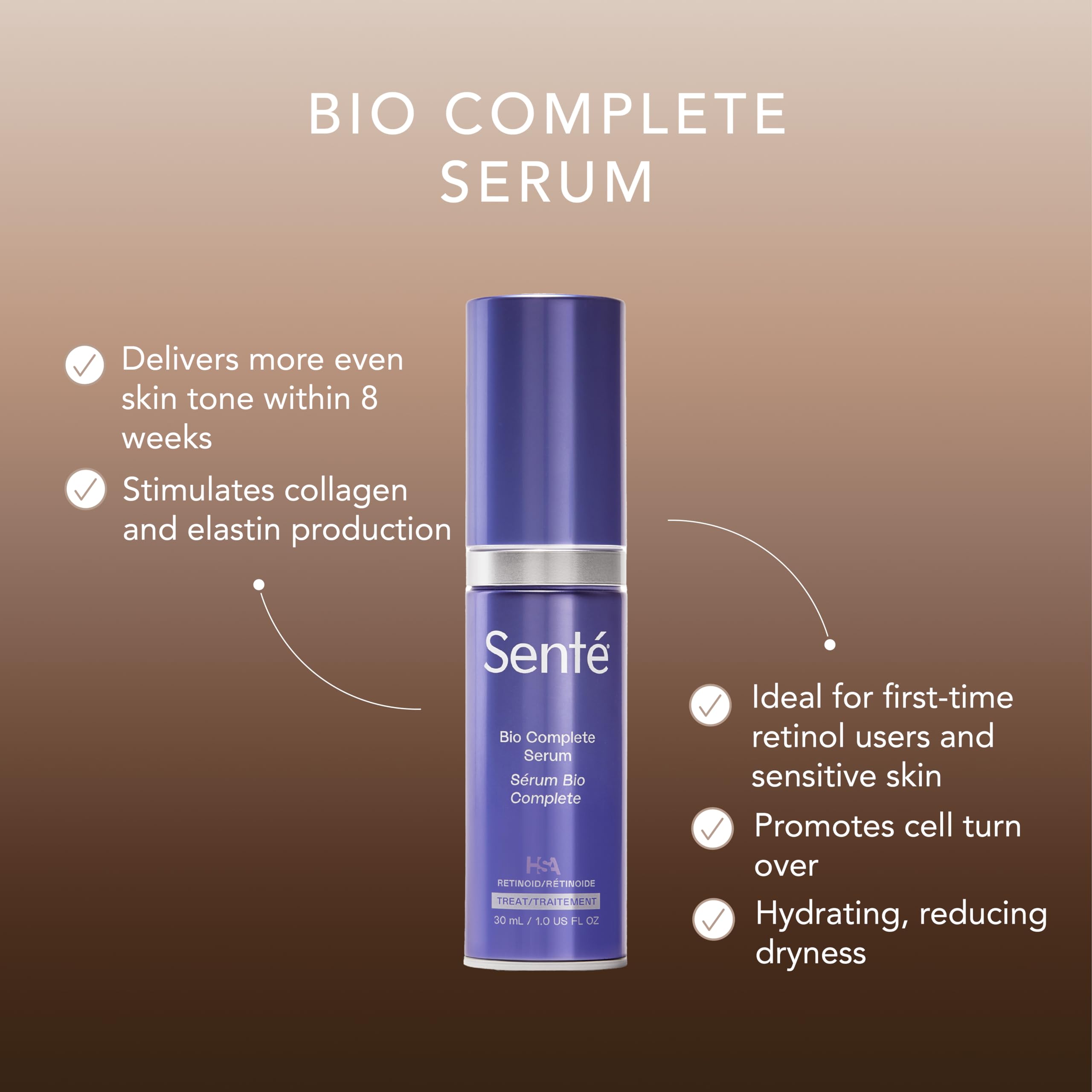 Senté Bio Complete Serum packaging mockup signals hypoallergenic, dermatologist-tested care.