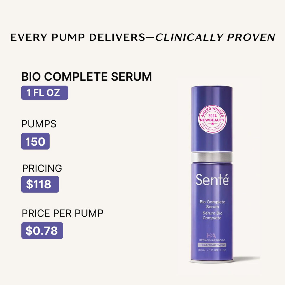 Senté Bio Complete Serum swirl on skin demonstrates hydrating, non-irritating texture.