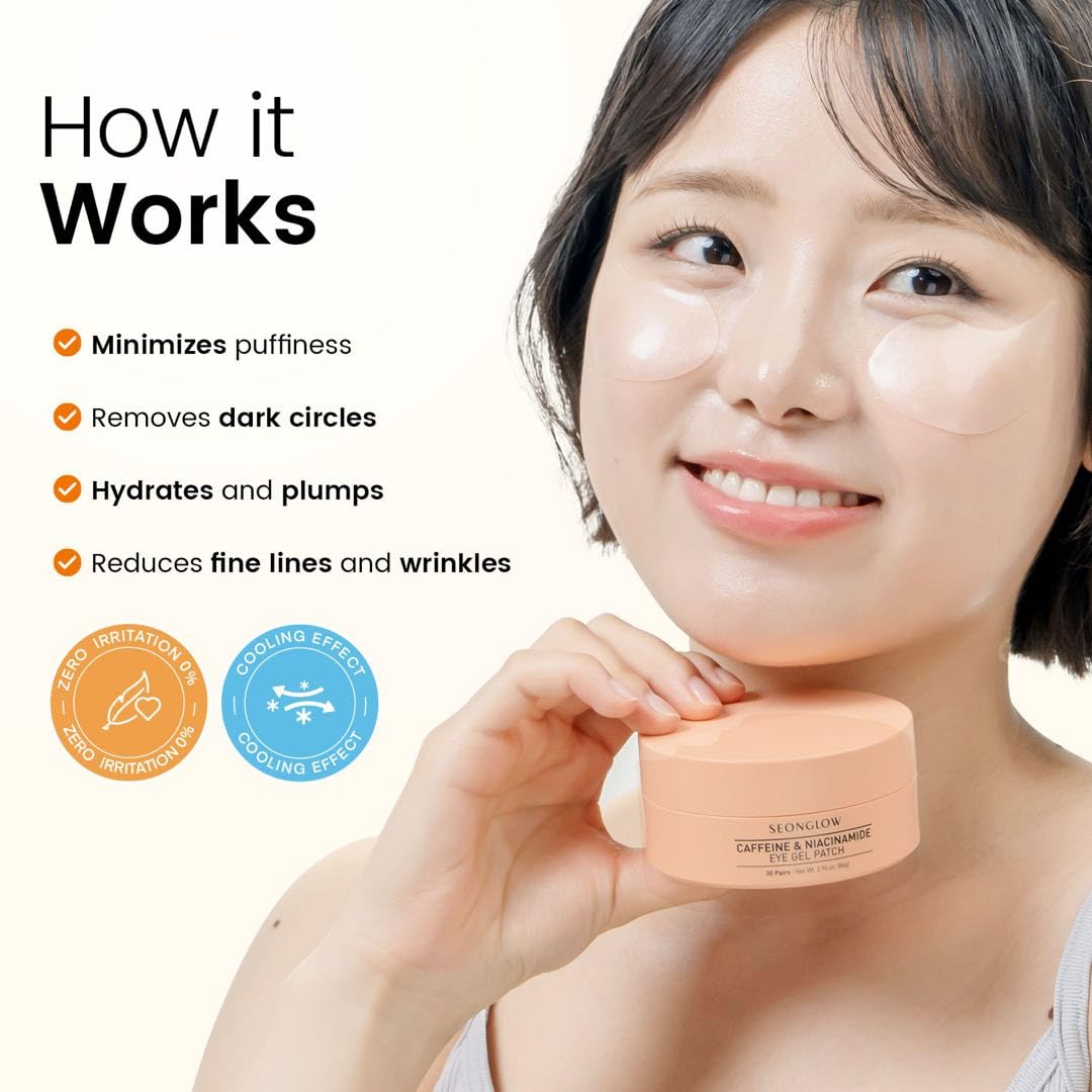 SEONGLOW caffeine under-eye patches before-after—visible brightness improvement.