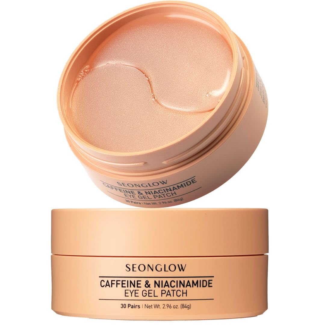SEONGLOW caffeine under-eye patches pack closeup showing hydration boost.