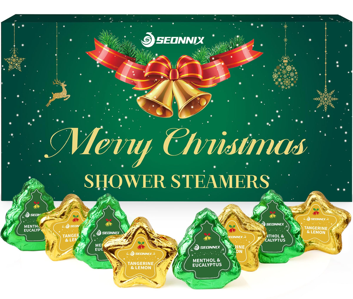 SEONNIX shower steamers with stars and Christmas trees for a cozy aromatherapy ritual.
