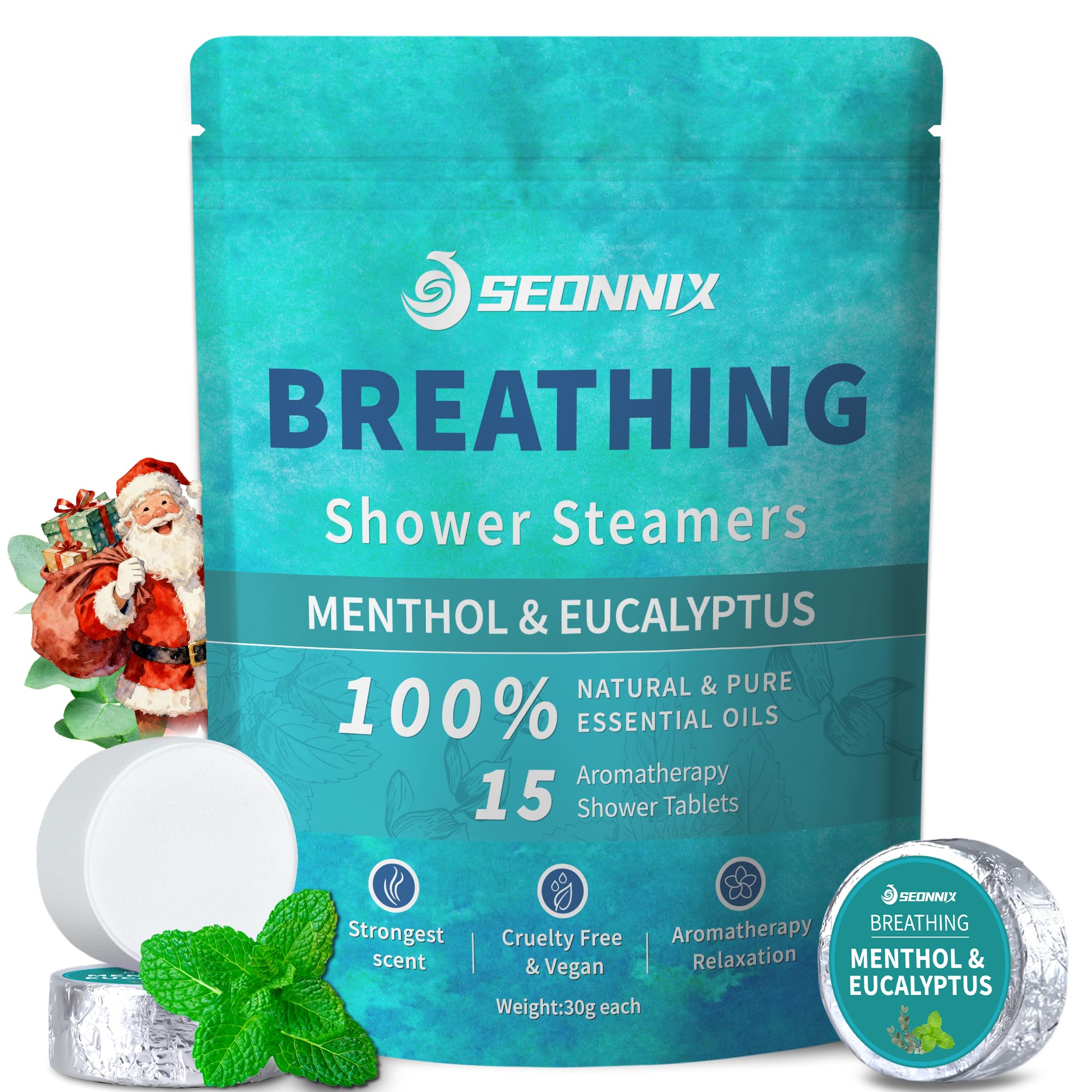 SEONNIX shower-steamer menthol-eucalyptus pack 01 releasing refreshing aroma for alert mornings.