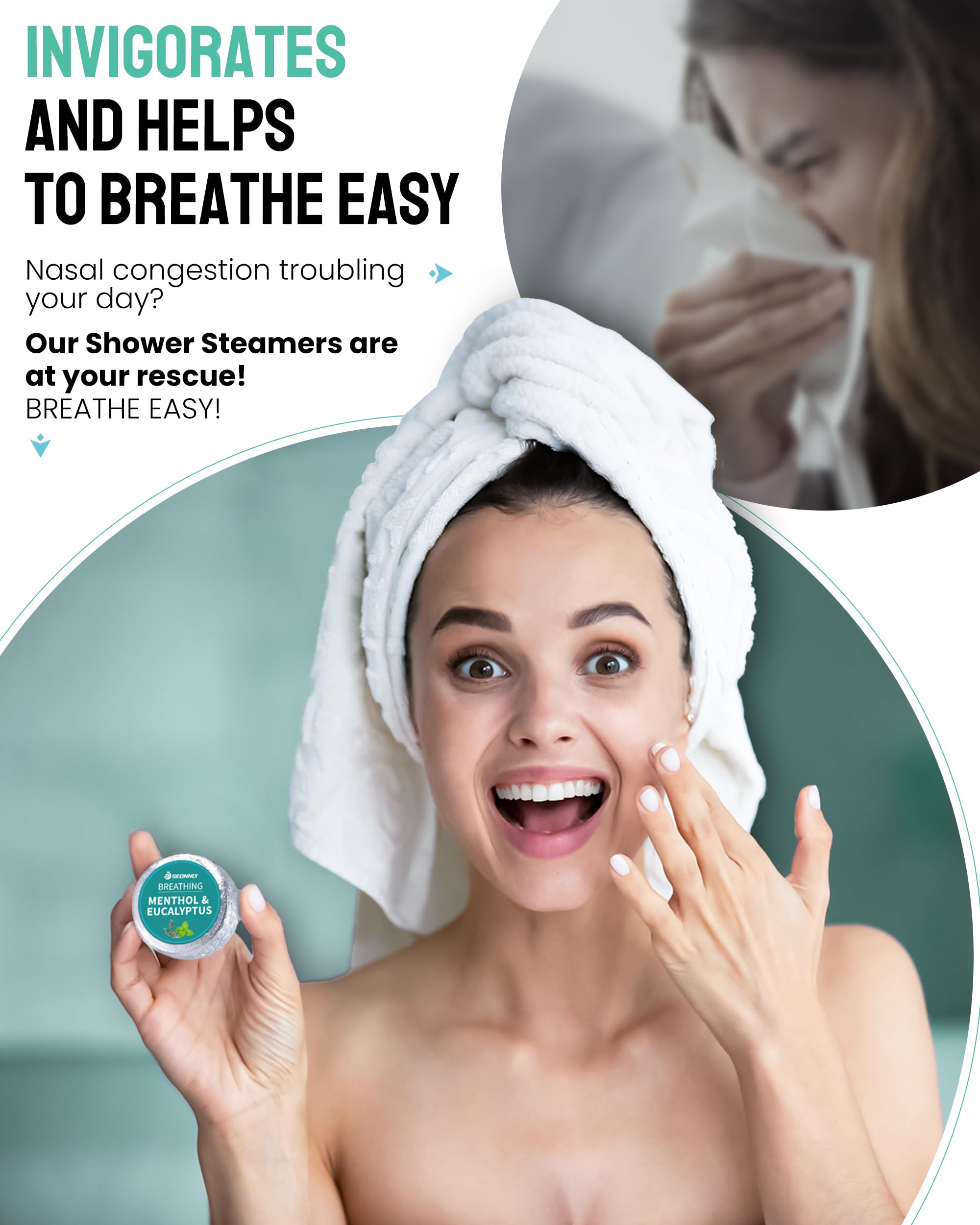 SEONNIX shower-steamer steam-release-01 conveying refreshing nasal relief through vapors.