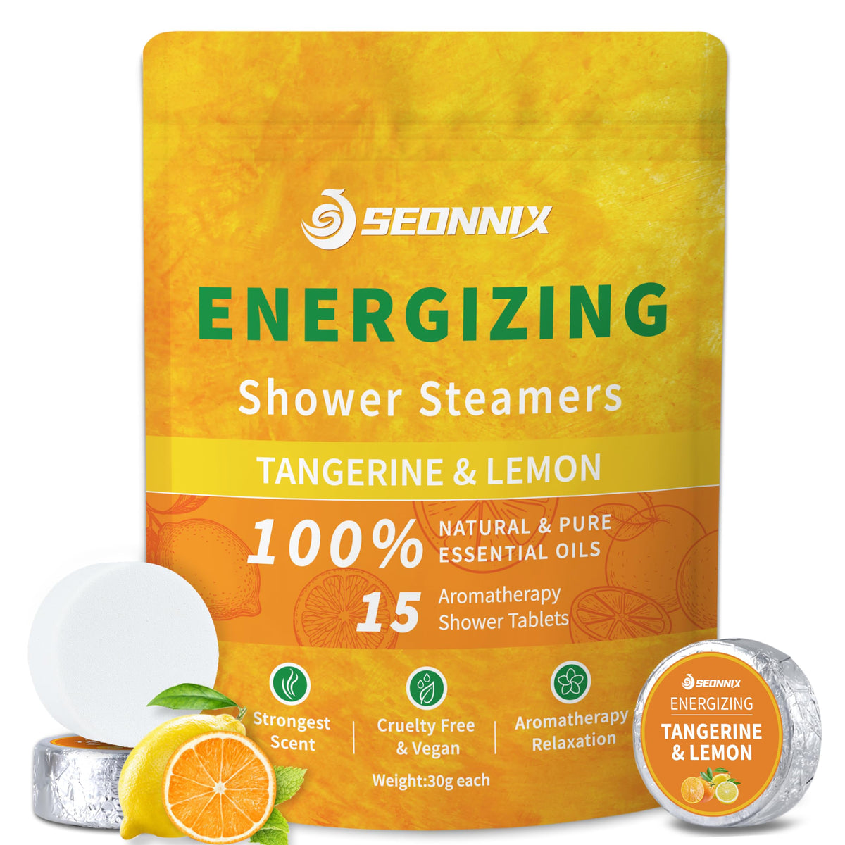 SEONNIX Shower Steamers 15-pack with Tangerine and Lemon for mood-boosting aromatherapy.