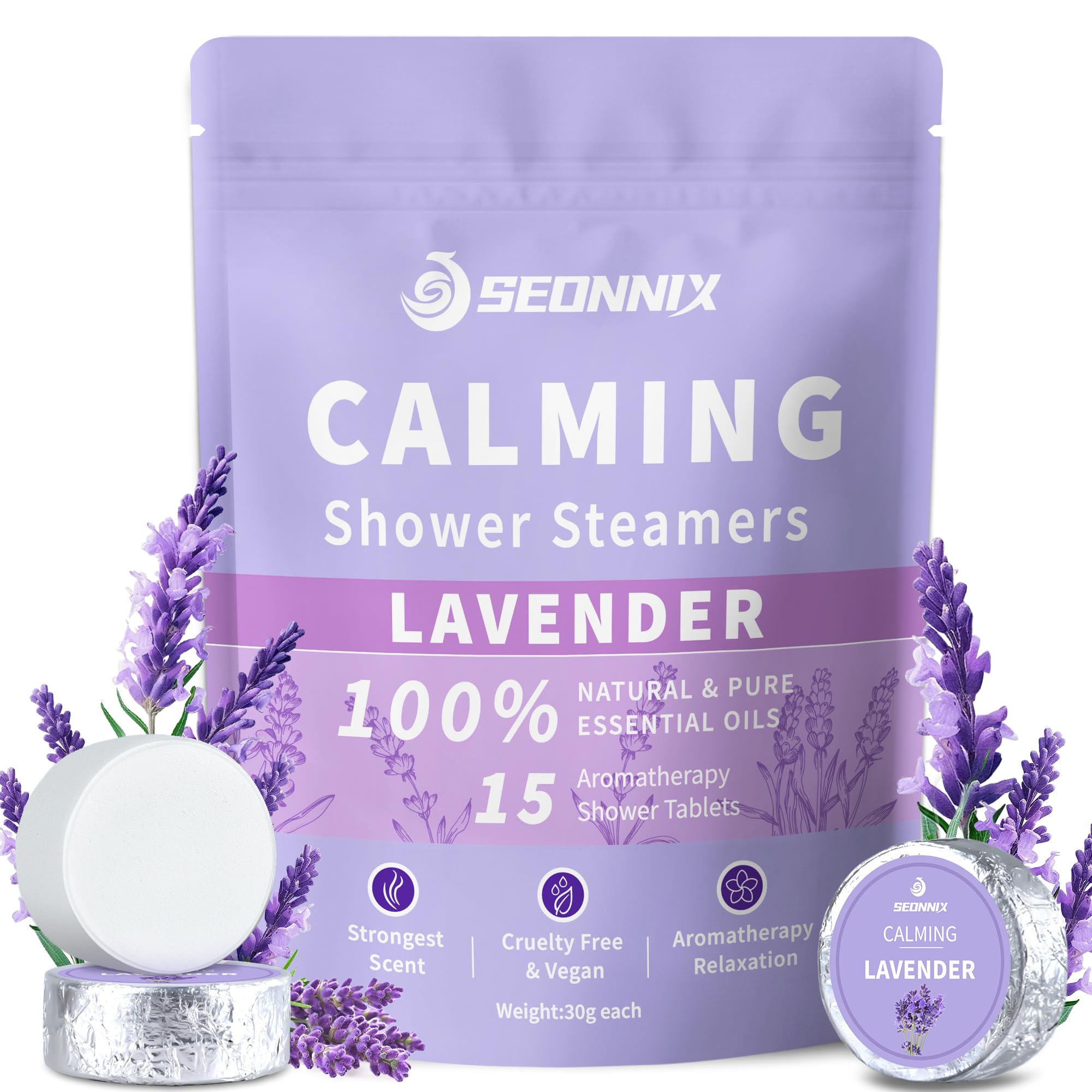 SEONNIX shower steamers lavender bombs closeup for spa-like aromatherapy and relaxation at home.
