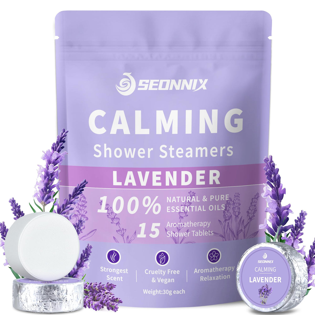 SEONNIX shower steamers lavender bombs closeup for spa-like aromatherapy and relaxation at home.